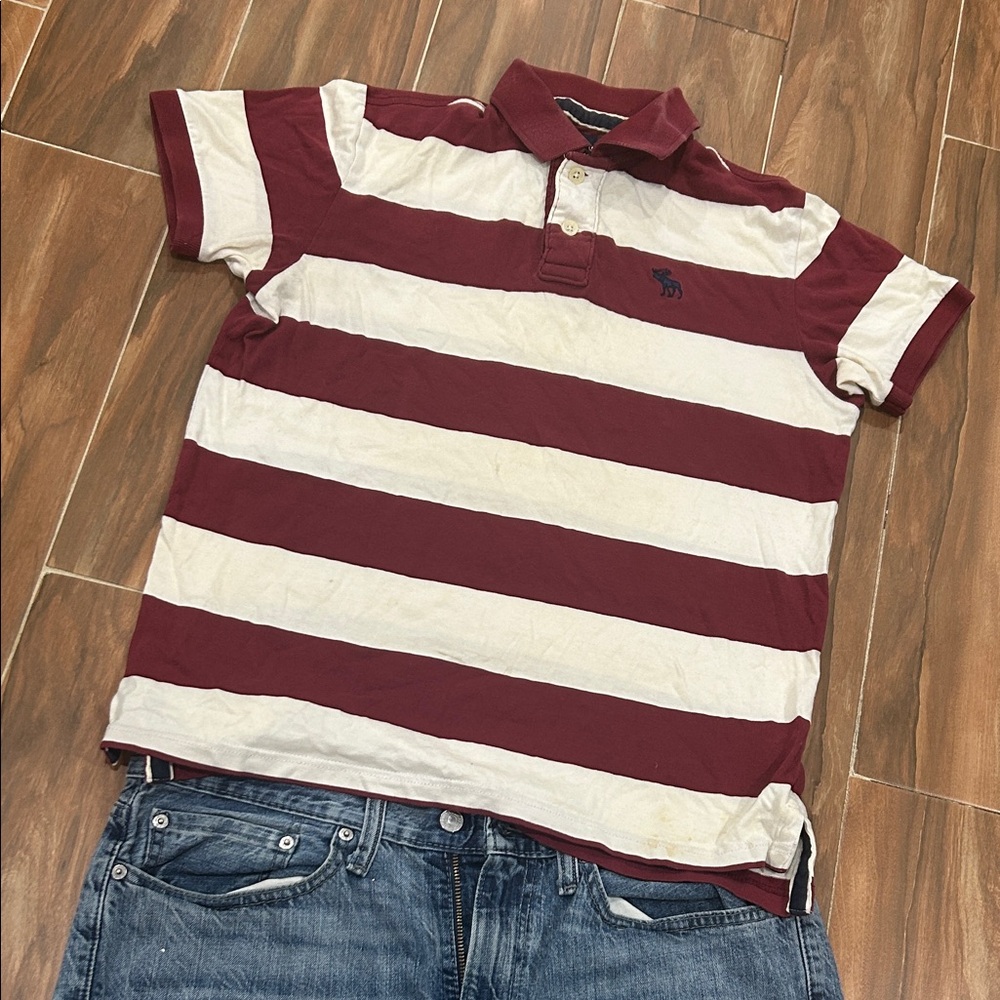 Men's Striped Polo Shirt - Burgundy and Off White